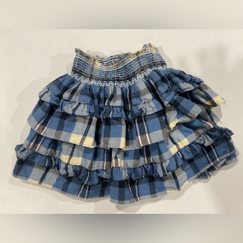 LoveShackFancy Blue and Cream Checkered Ruffle Skirt